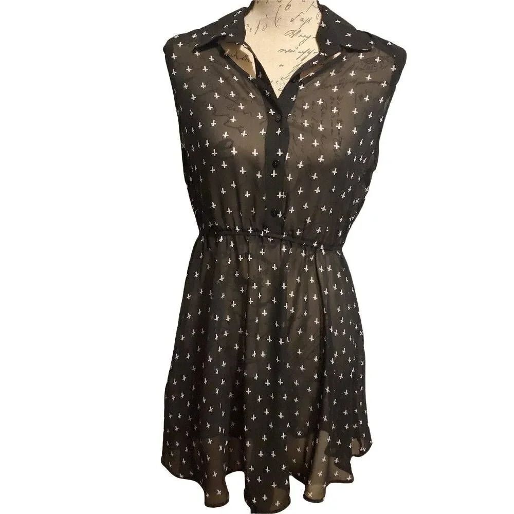 Forever 21 Ladies Black & White Cross Print Sheer Dress - Size Large